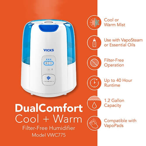 Vicks Dual Comfort Cool and Warm Mist Humidifier with features icons and text Cool or warm mist, use with vaposteam or essential oils, filter-free operation, up to 40 hour runtime, 1.2 gallon capacity, compatible with vapopads