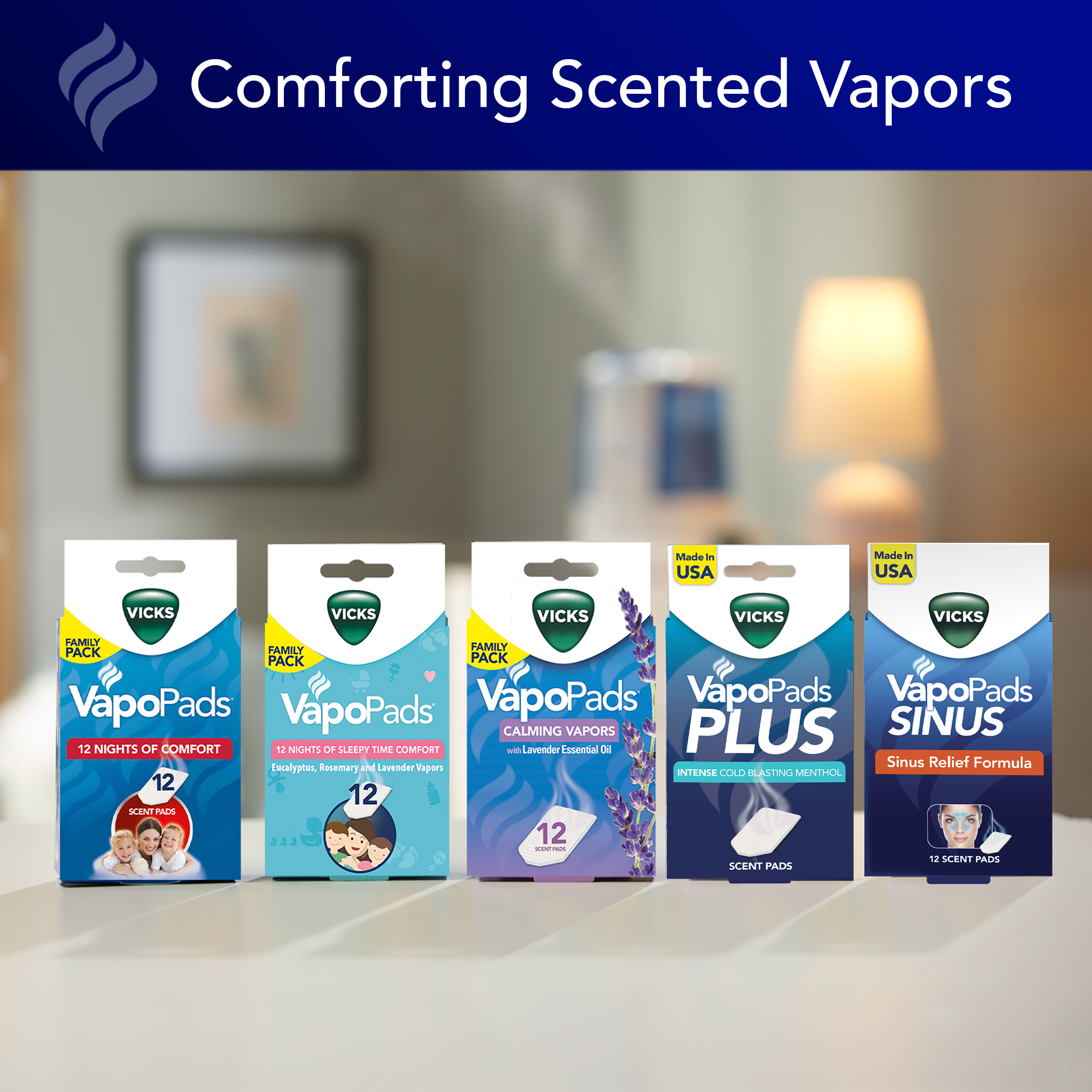 12 pack boxes of vapopads assortment that are compatible with Vicks Filter Free Cool Mist Humidifier to provide comforting scented vapors