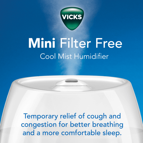 Vicks Cool Mist Mini Humidifier Infographic showing cough and congestion symptom relief for better breathing and comfortable sleep