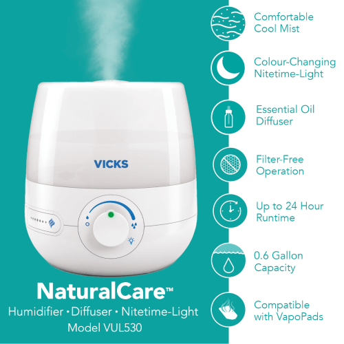 Vicks NaturalCare™ Cool Mist Ultrasonic Humidifier with features icons and text comfortable cool mist, color-changing nitetime-light, essential oil diffuser via tank or tray, filter-free operation, up to 24 hour runtime, 0.6 gallon capacity, dual scent vapopads