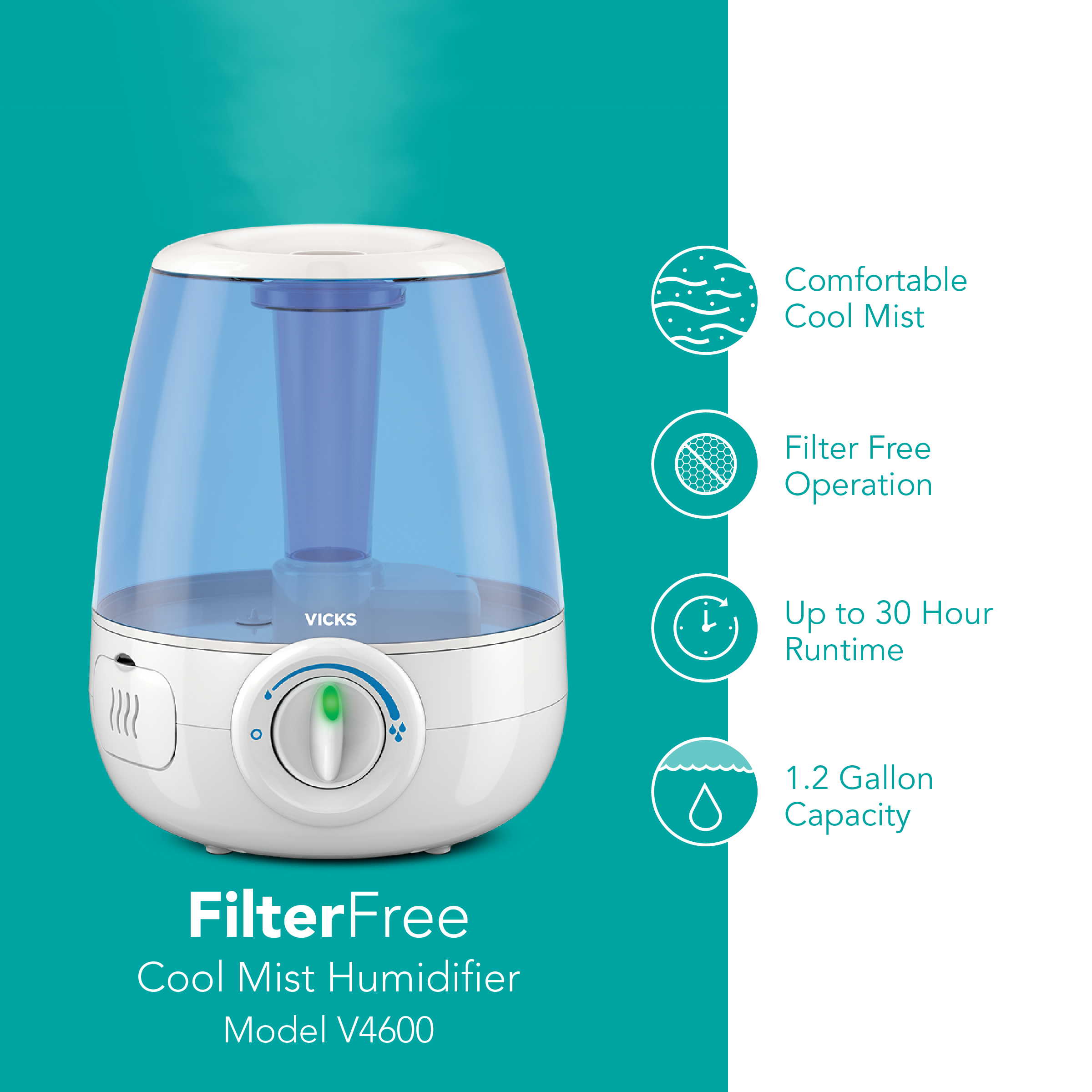 Filter Free Cool Mist Humidifier Model V4600 with feature text Comfortable cool mist, filter free operation, up to 30 hour runtime and 1.2 gallon capacity