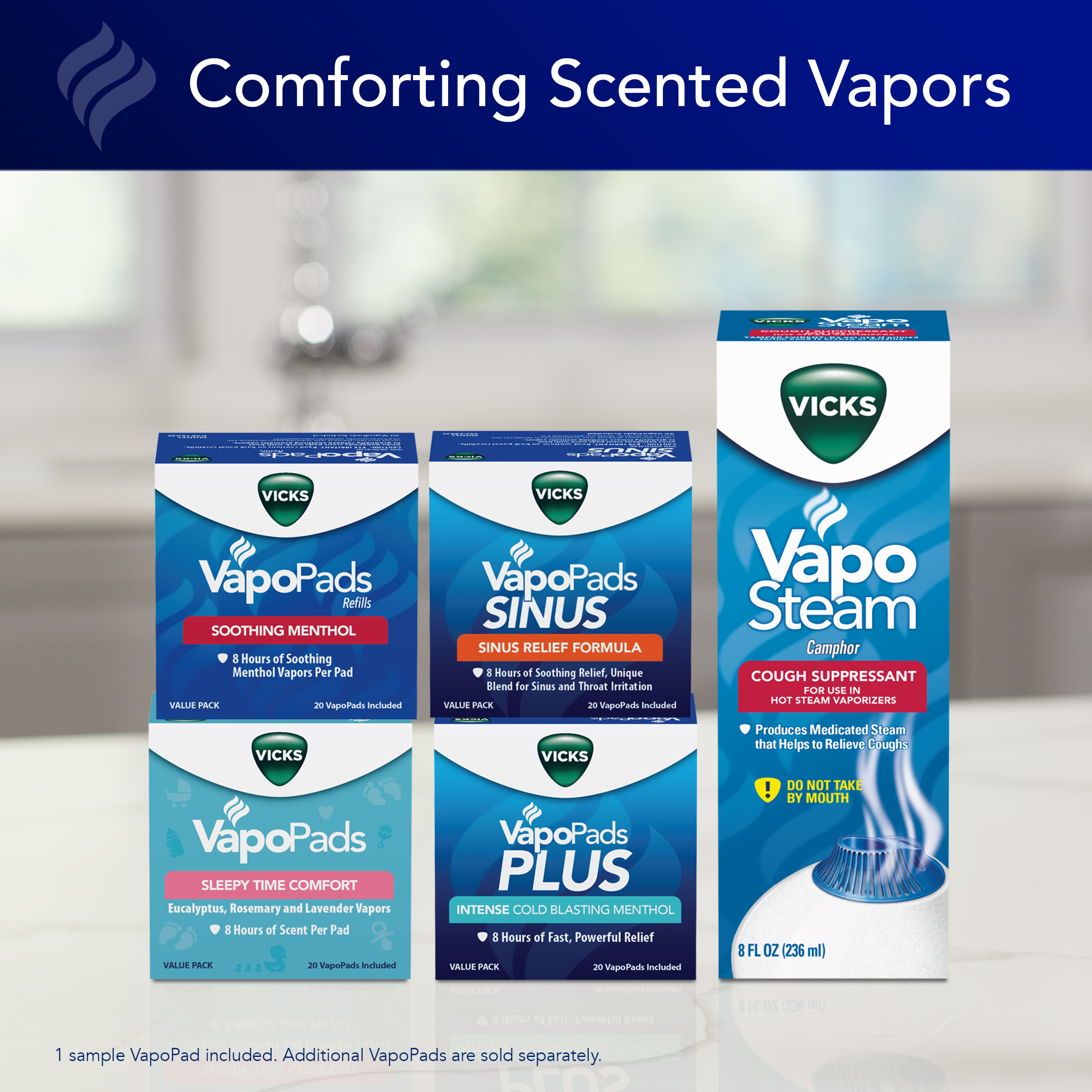 Stack of Vick vapopads assortments like vicks soothing menthol, vicks sinus relief formula, vicks sleepytime comfort and vicks intense cold blasting menthol next to Vicks vaposteam with text comforting scented vapors