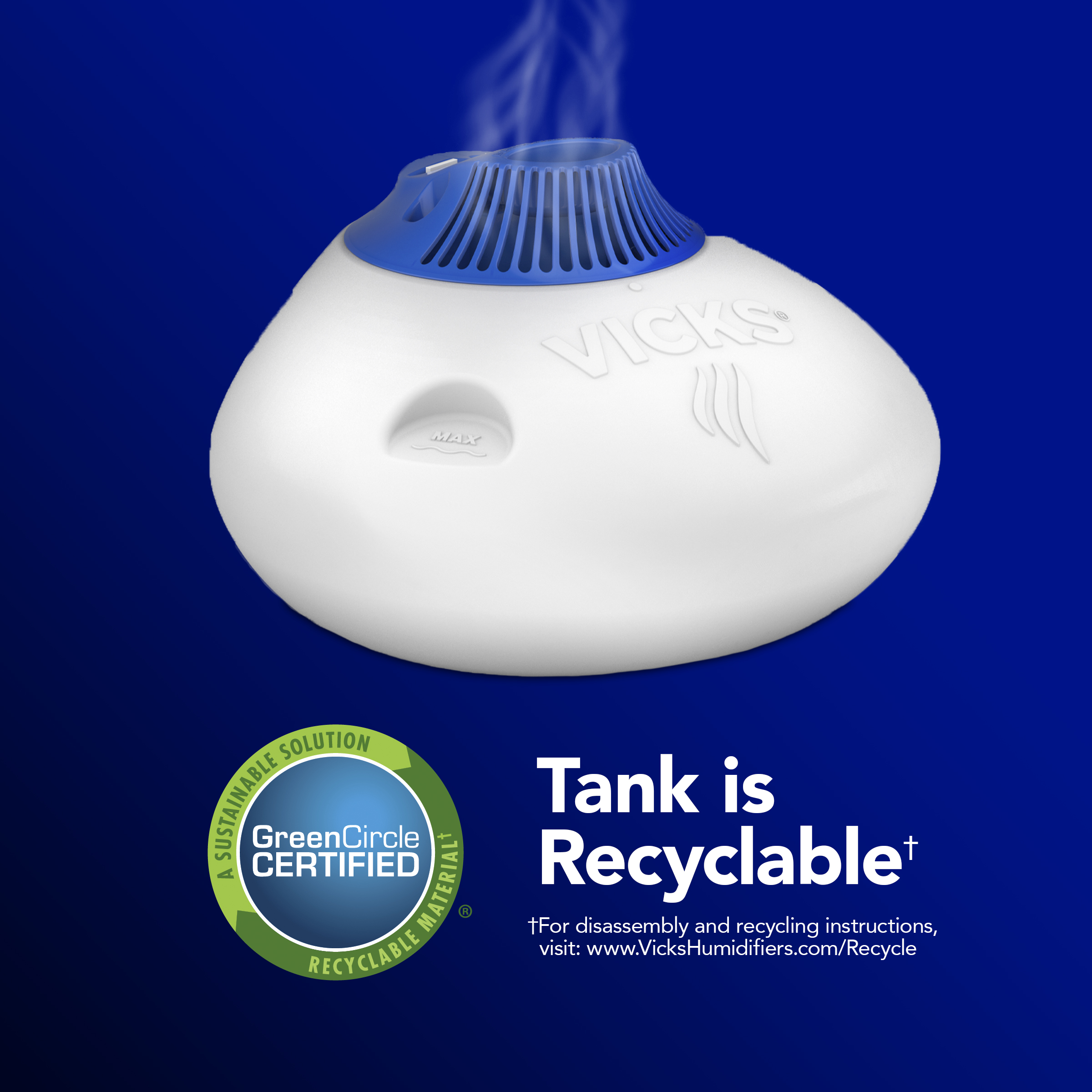 Vicks warm mist humidifier tank is recyclable and GreenCircle Certified