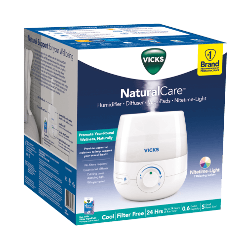 Vicks NaturalCare™ Cool Mist Ultrasonic Humidifier packaging side