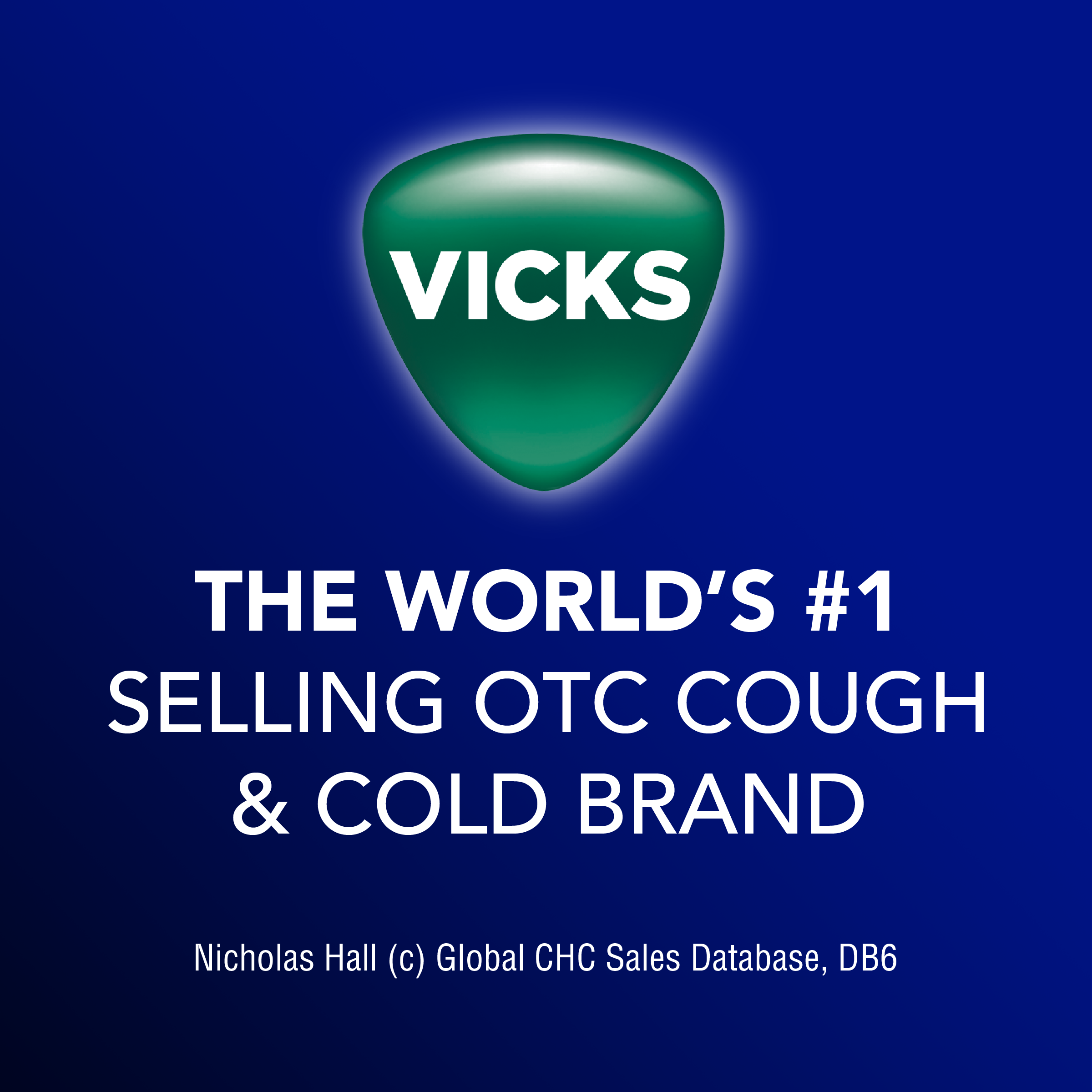 Vicks logo with text The World's number 1 selling over the counter cough and cold brand. Nicholas Hall (c) Global CHC Sales Database, DB6