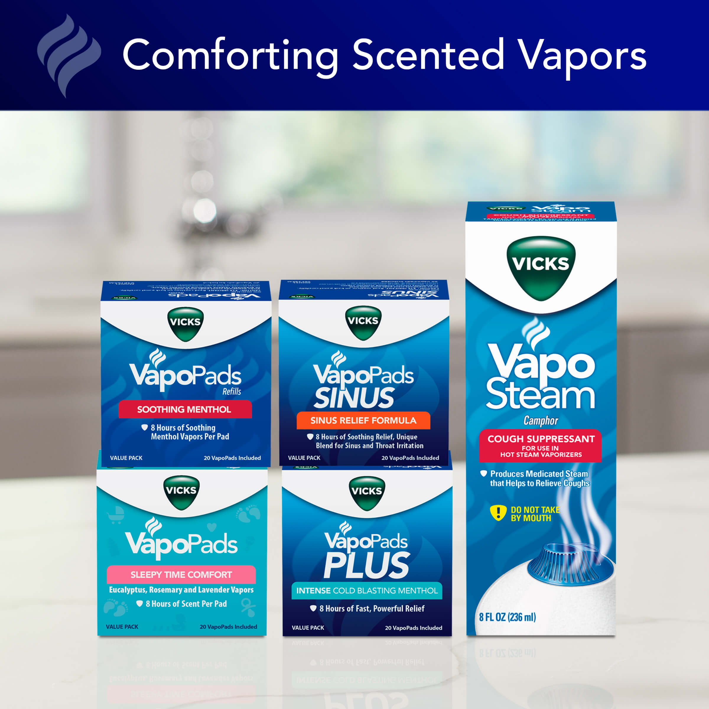 Stack of Vicks vapopads next to vicks vaposteam that can be used with vicks humidifier and vaporizer