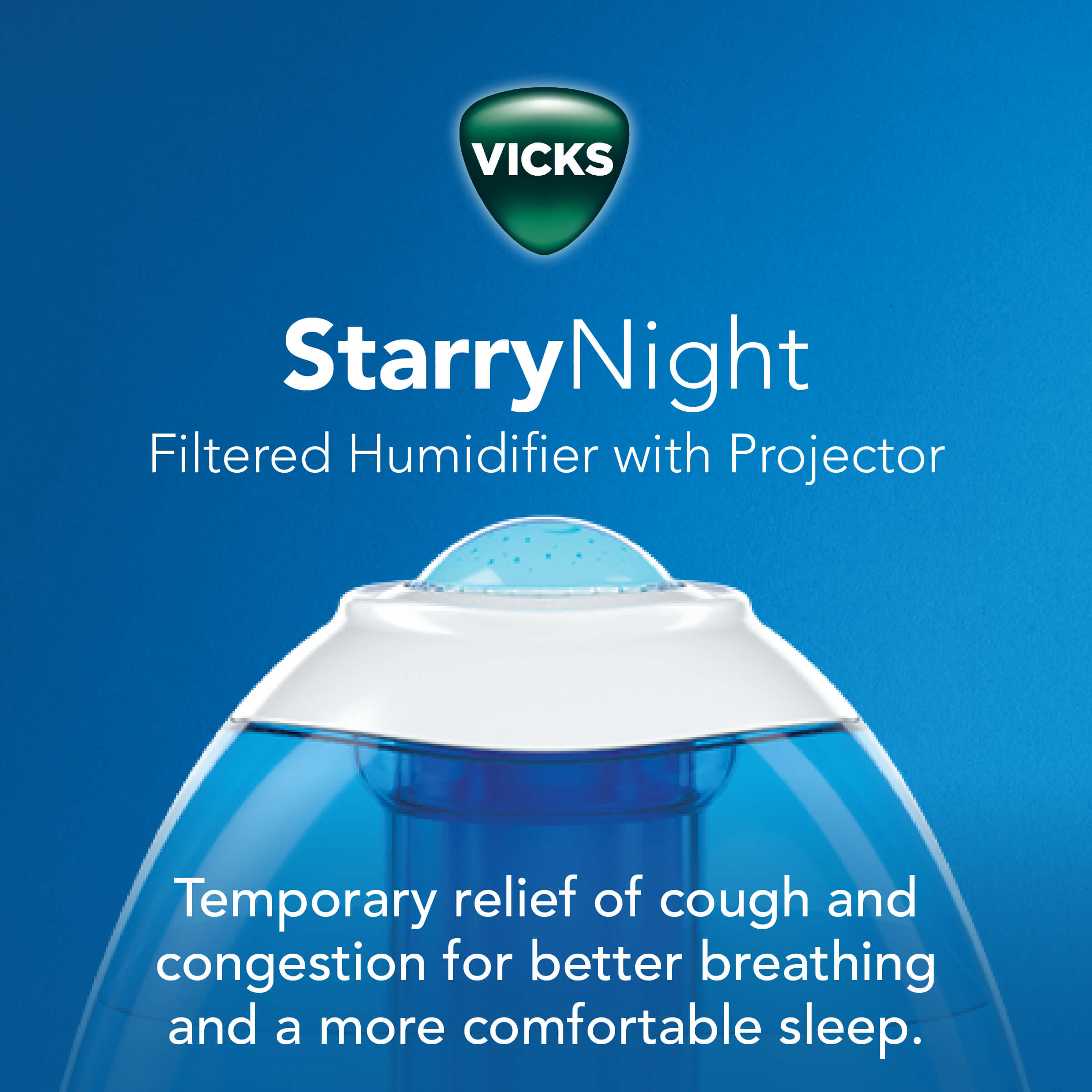 Vicks Starry Night Humidifier V3700 product with feature text explaining Vicks Humidifier provides temporary relief of cough and congestion for better breathing and a more comfortable sleep