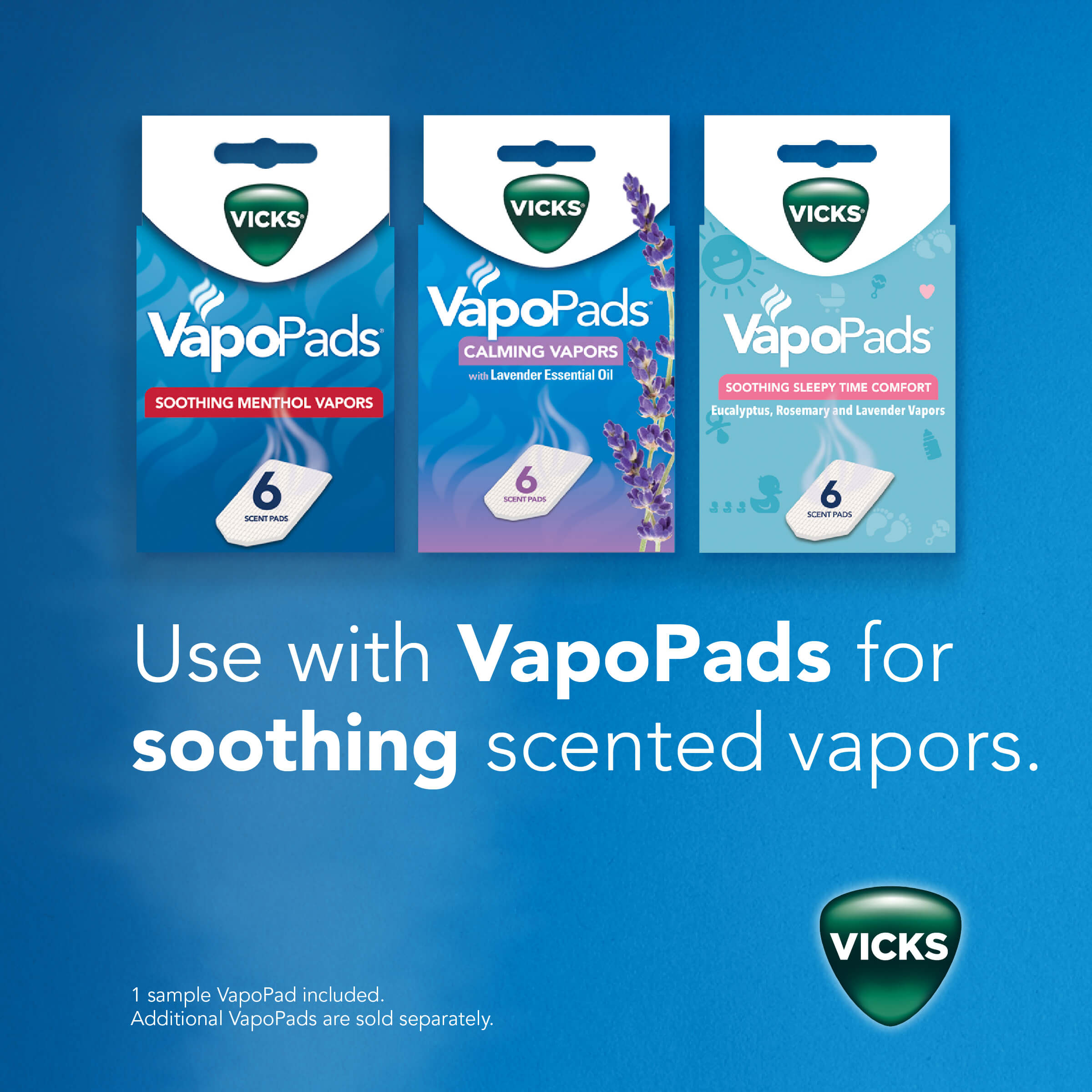 Vicks Vapopads boxes with text - Use with vapopads with your humidifier for soothing scented vapors