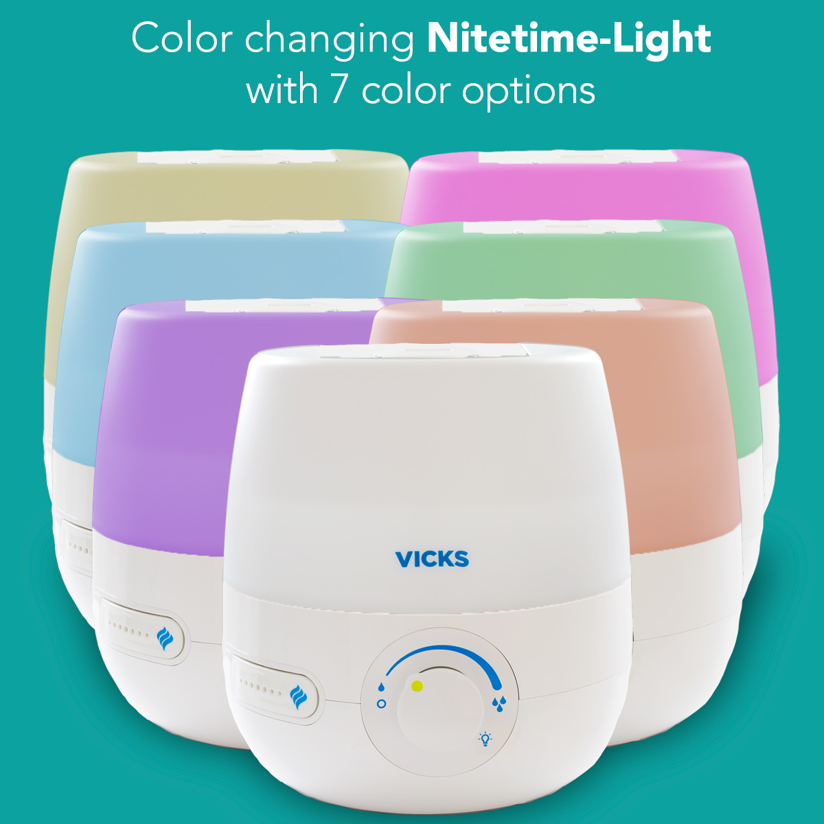 Vicks NaturalCare™ Cool Mist Ultrasonic Humidifier in 7 color lights options with text color changing nitetime-light with 7 color options