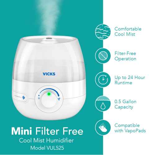 Vicks Cool Mist Mini Humidifier Infographic 2 showing 24-hour runtime, filterfree operation, cool mist, 0.5 gallon capacity, and compatible with VapoPads