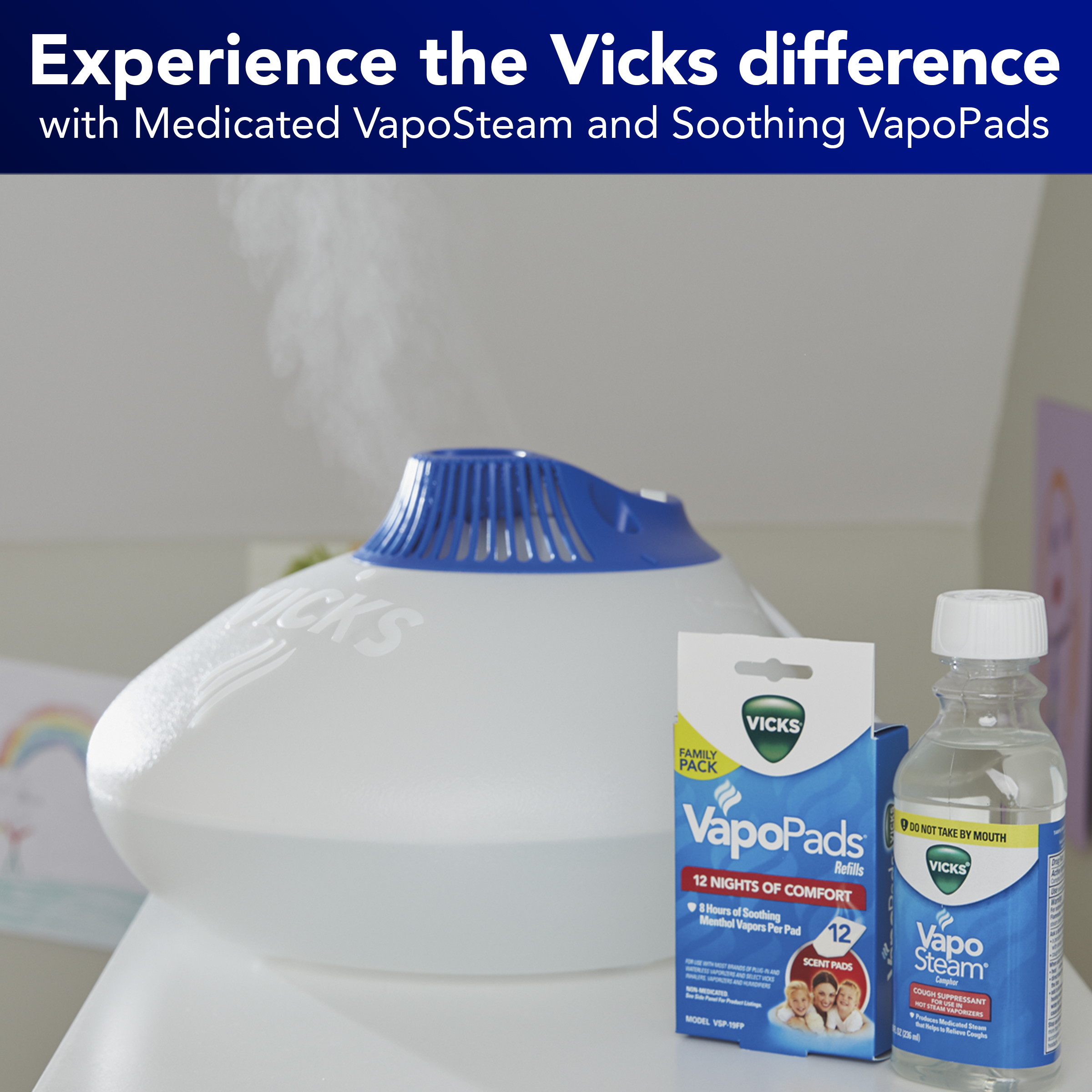 Vicks vaporizer spreading warm mist in the room during cold and cough season with Vicks vapopads box and Vaposteam bottle next to it