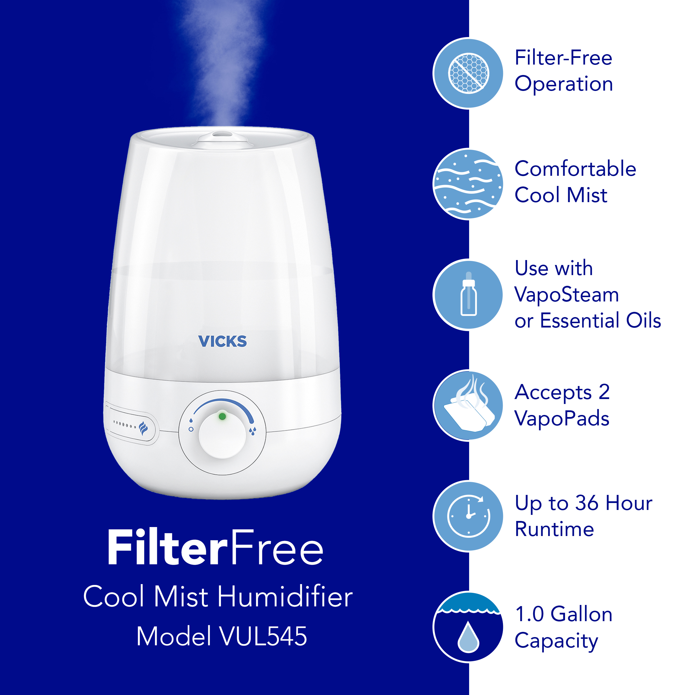 Vicks Filter Free Cool Mist Humidifier with features icons and text filter-free operation, comfortable cool mist, use with vaposteam or essential oils, Accepts 2 Vapopads, up to 36 hour runtime, 1 gallon capacity