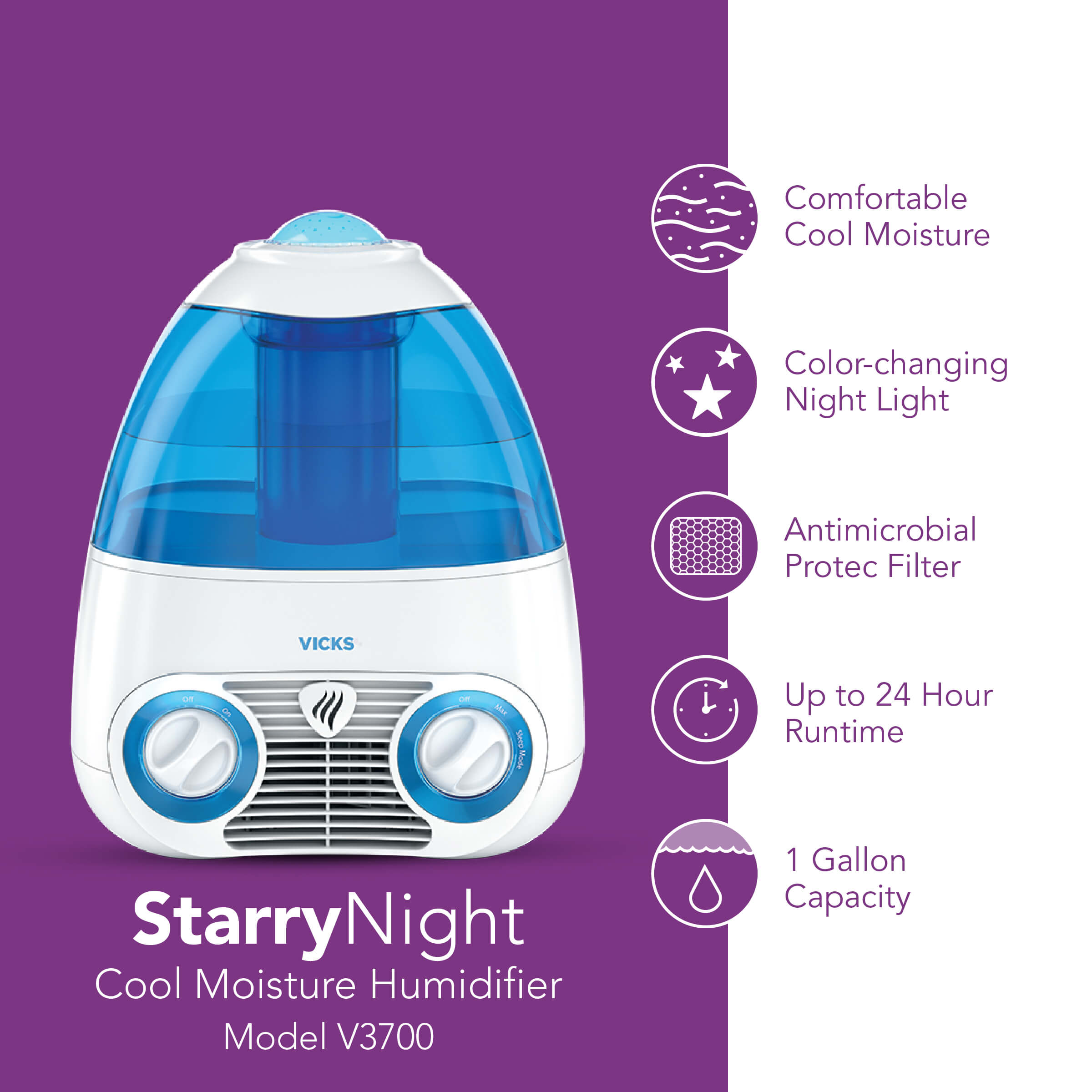 Vicks Starry Night Humidifier V3700 product with features listed Vicks Humidifier provides comfortable cool moisture, color changing night light, runs upto 24 hours with 1 gallon water capacity