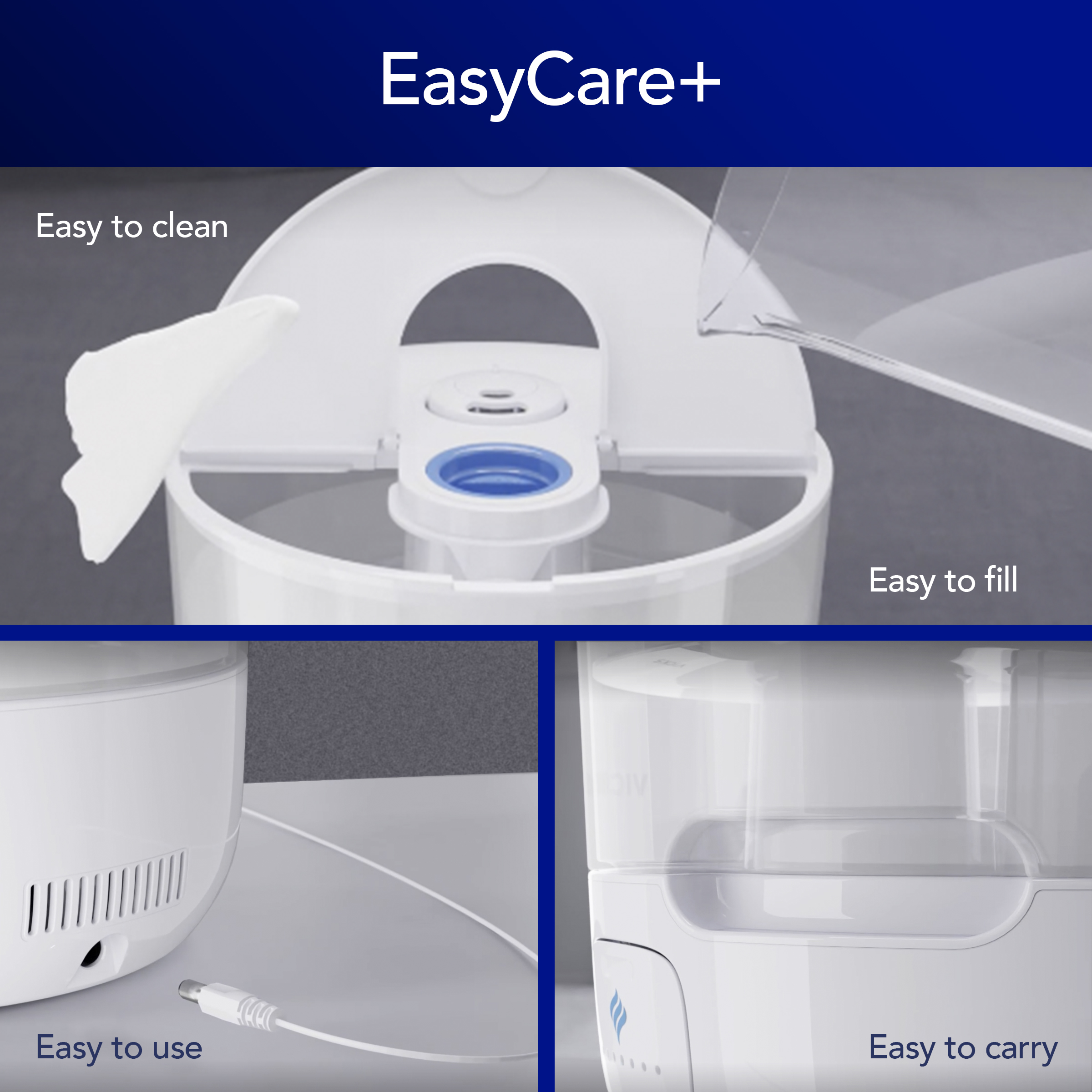 3 pictures showing how to clean vicks humidifier, how easy it is to use vicks humidifier and how easy it is to carry vicks humidifier with the easy care plus feature